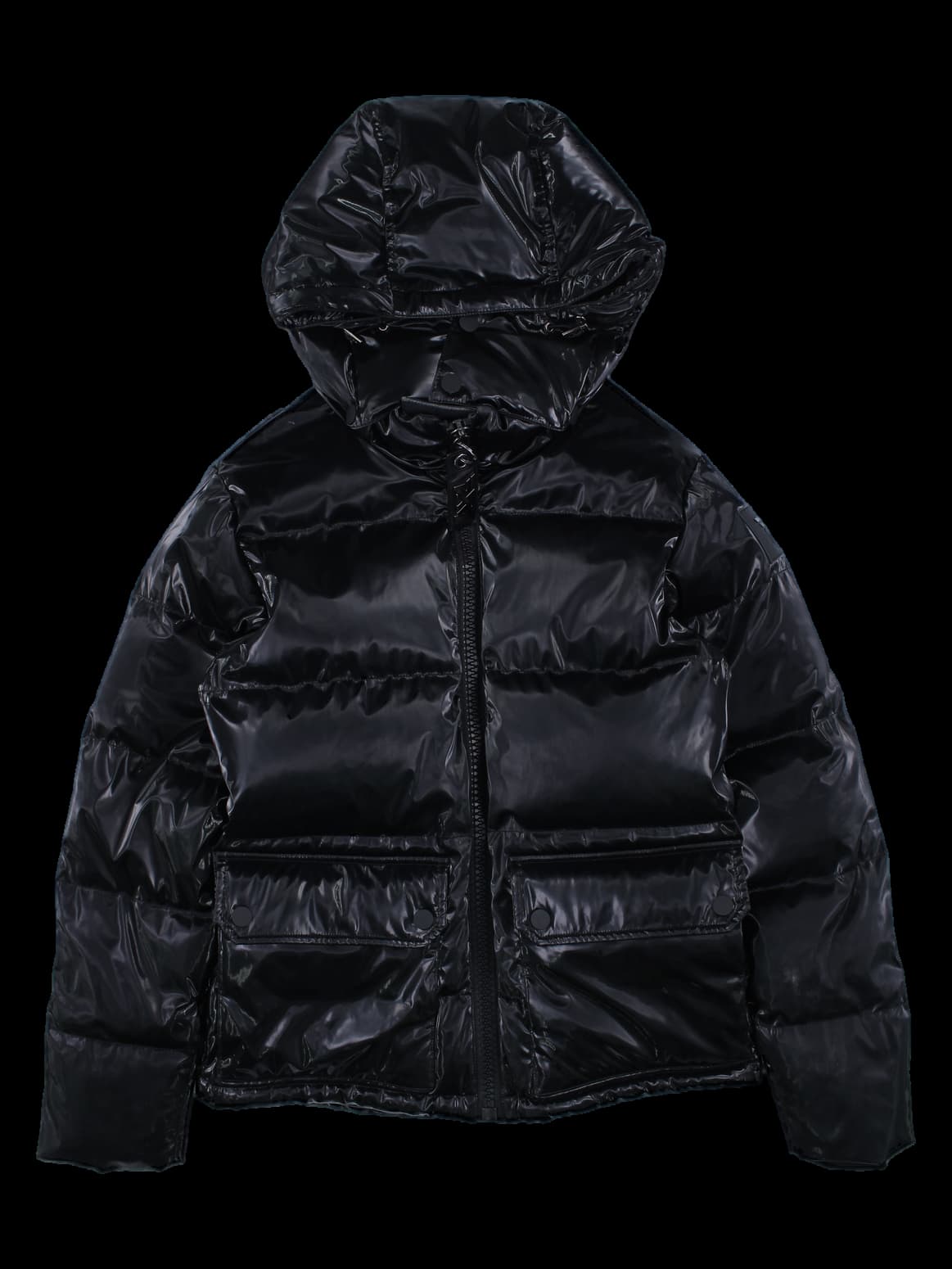 블랙 유광 후드 푸퍼 패딩 자켓