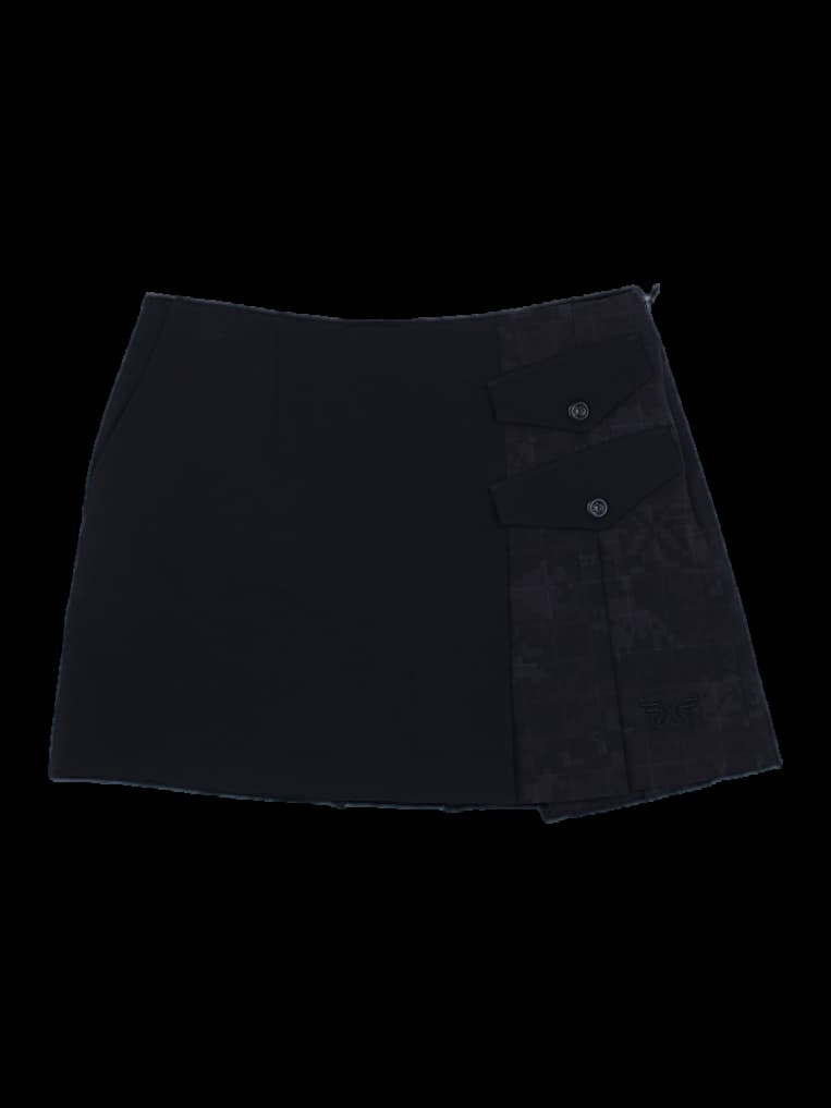 블랙 비대칭 주름 패턴 미니 스커트