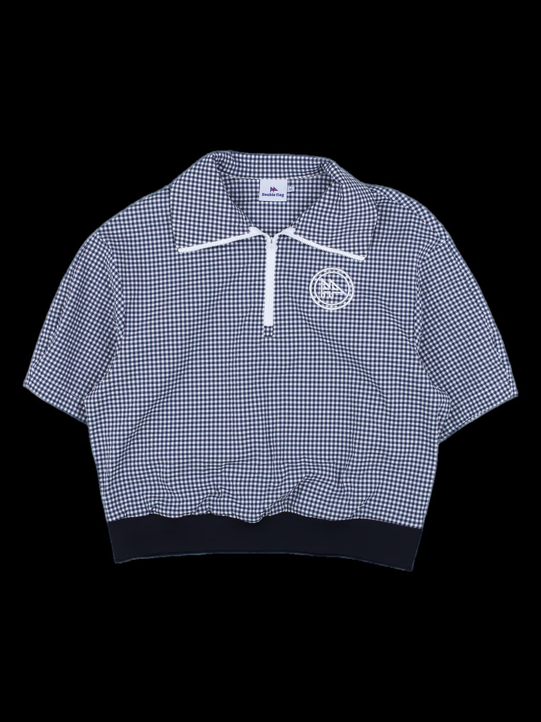 네이비 깅엄 체크 크롭 하프 집업 셔츠