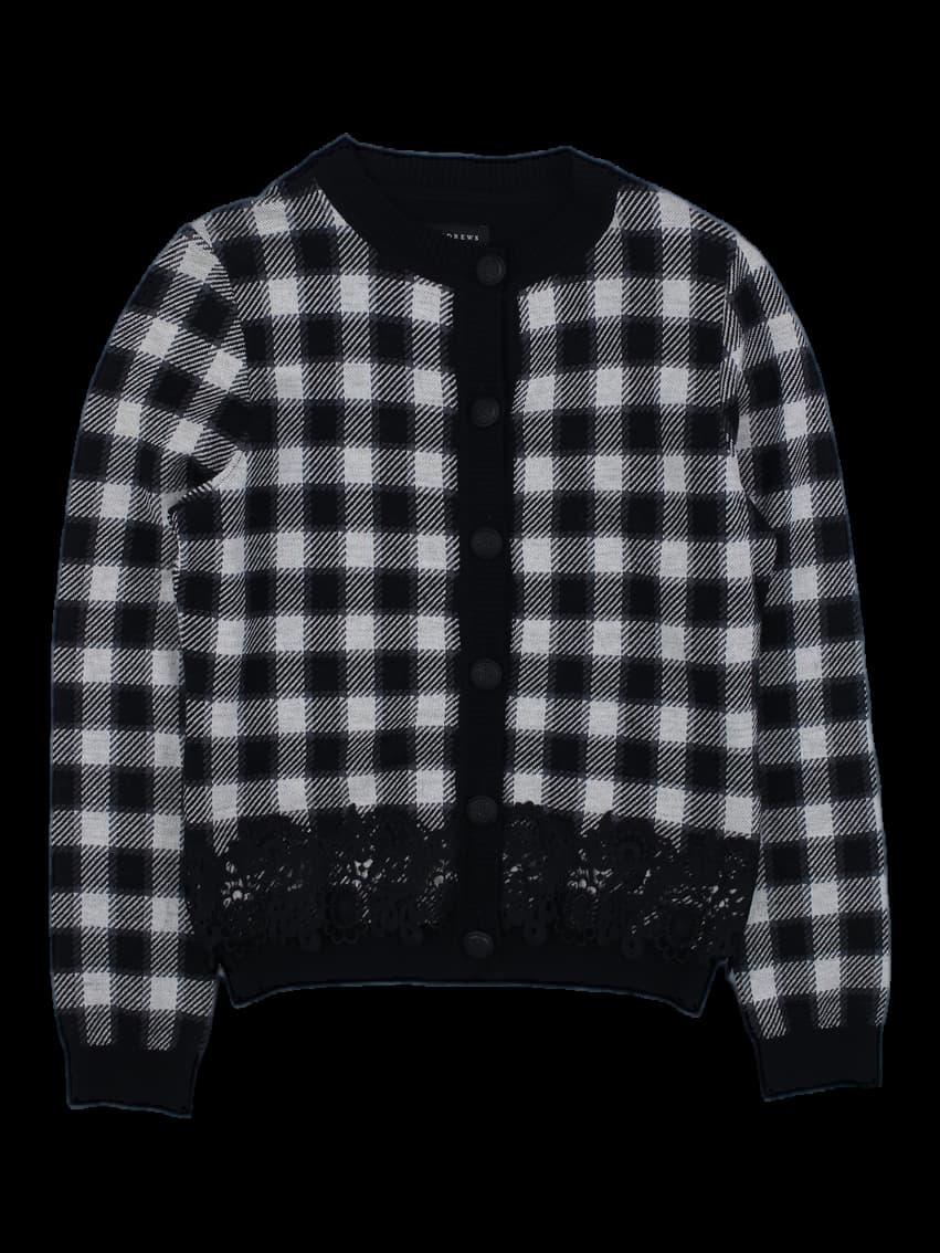 블랙 앤 화이트 체크 패턴 레이스 트리밍 가디건