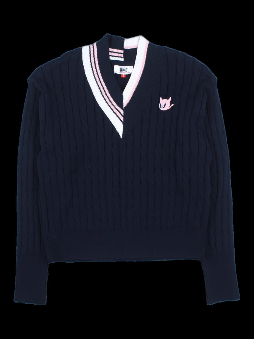 WAAC 네이비 브이넥 꽈배기 니트