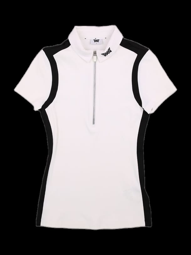 화이트 컬러블록 하프 집업 반팔 카라티