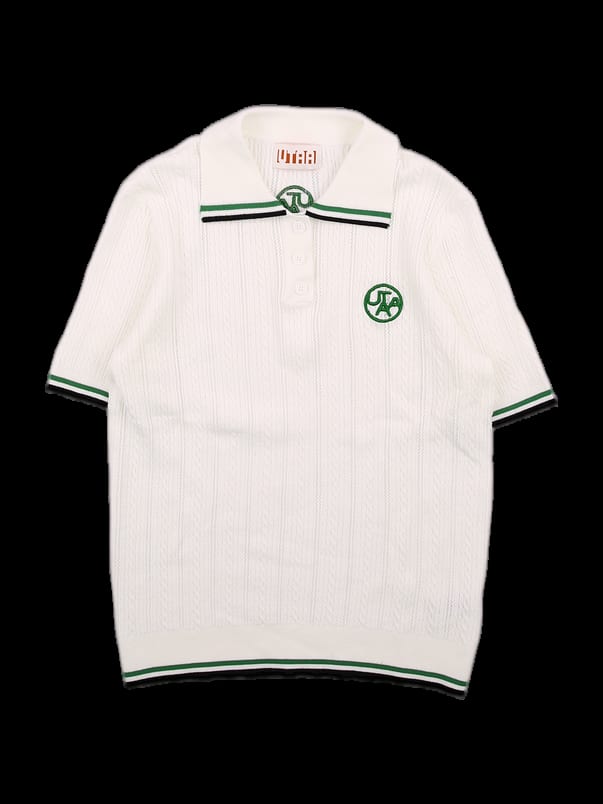 화이트 케이블 니트 배색 반팔 카라티