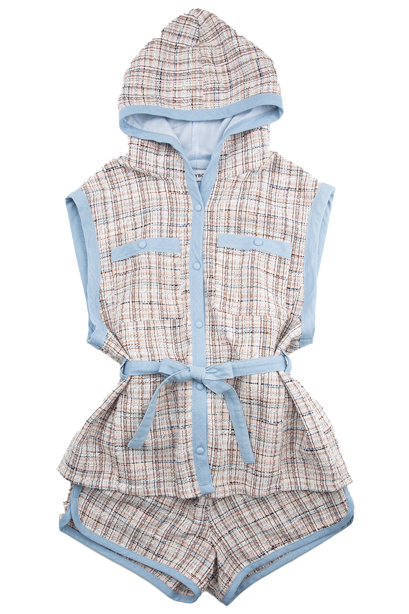 블루 트위드 후드 베스트 쇼츠 투피스 세트