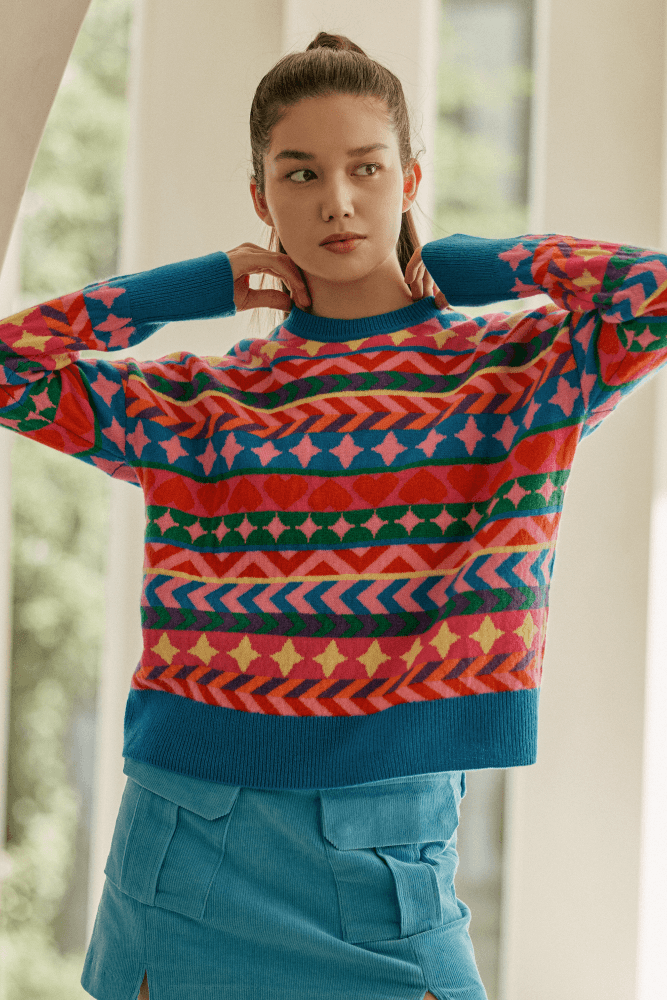 컬러풀 패턴 긴팔 니트 블루