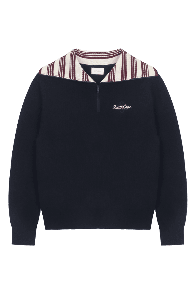 여성 오픈 칼라 스트라이프 하프집 니트