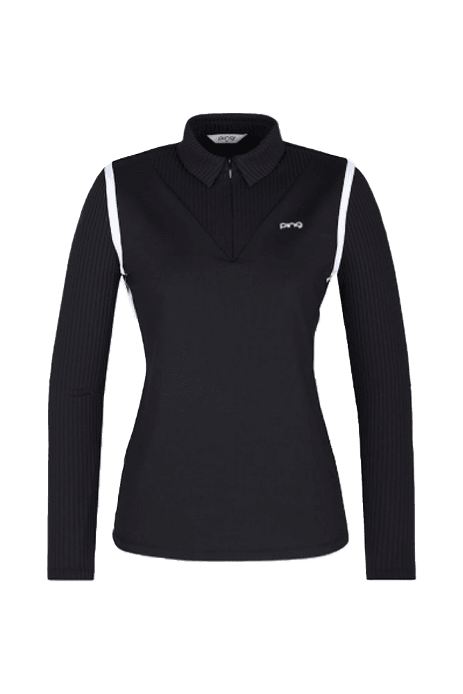 여성 혼솔 지퍼 카라 티셔츠_블랙(90)