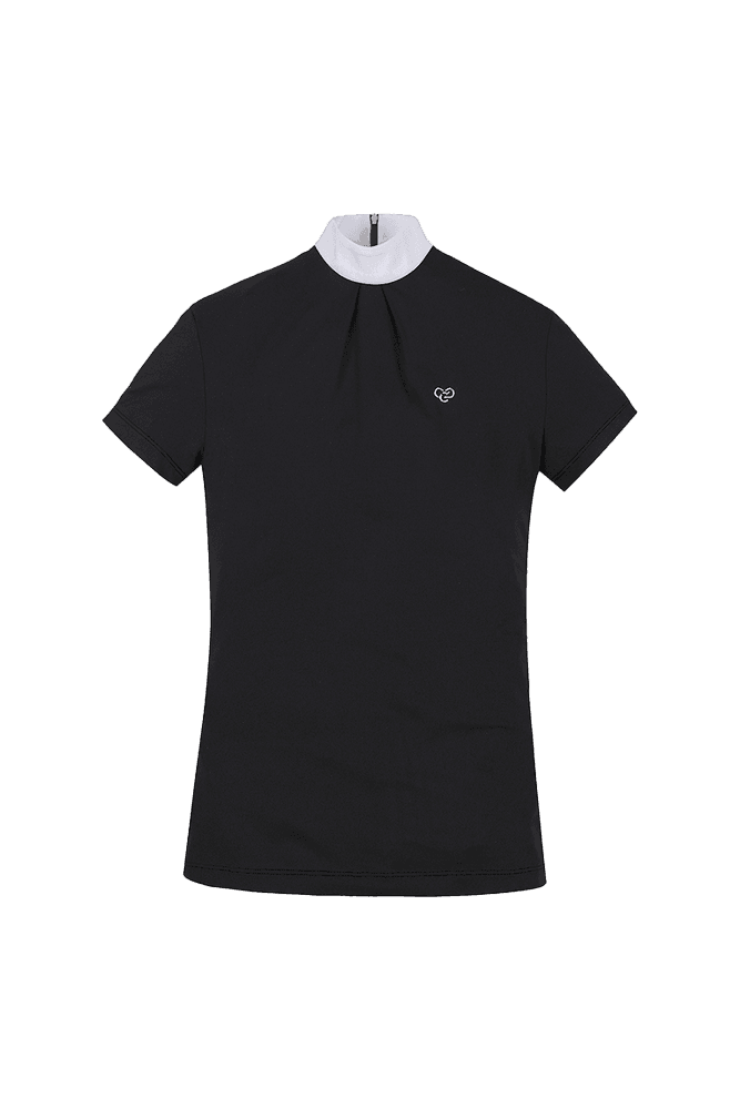 테이프 지퍼풀 포인트 라운드넥 반팔 티셔츠_블랙(80)