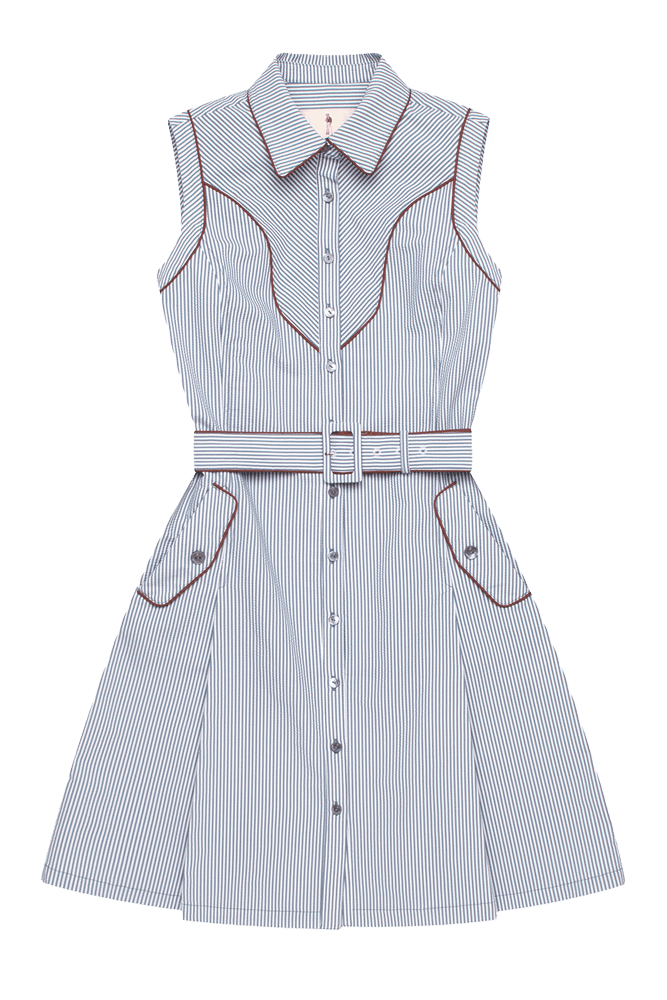 서커 스트라이프 슬리브리스 원피스