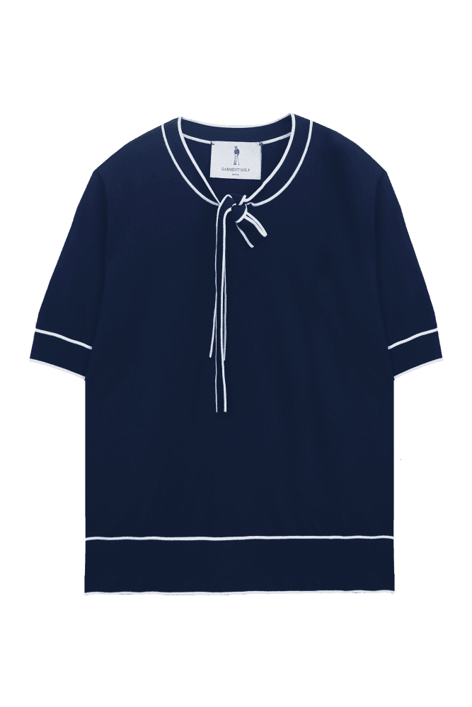 라운드 넥 타이 블루종 니트