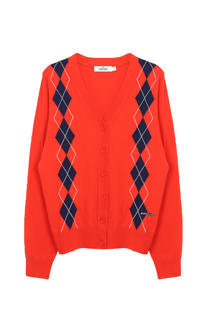 레드 아가일 브이넥 가디건