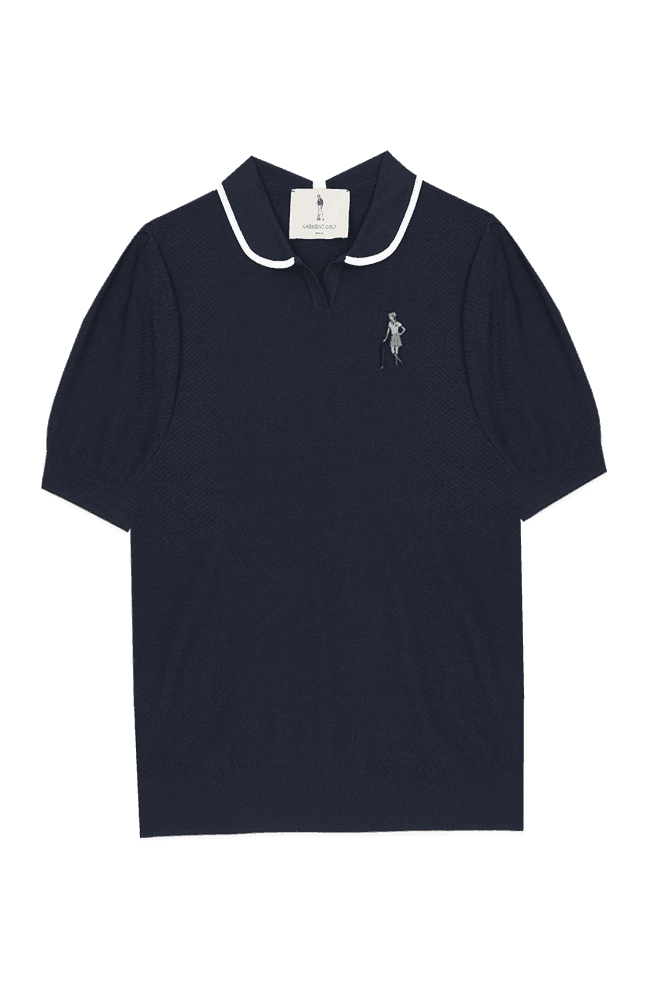 라운드 카라 퍼프 슬리브 블루종 니트