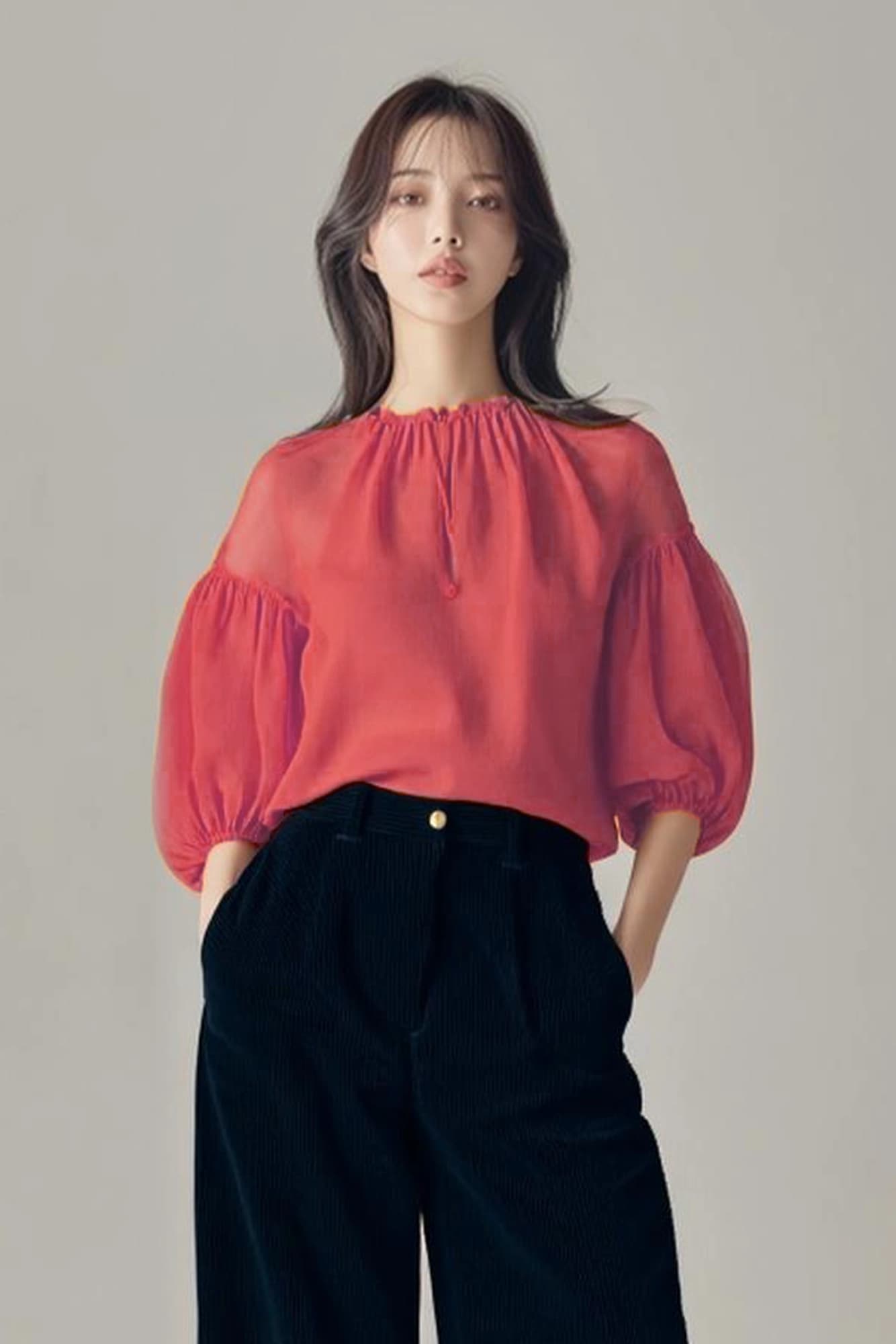 퍼프 소매 쉬폰 블라우스