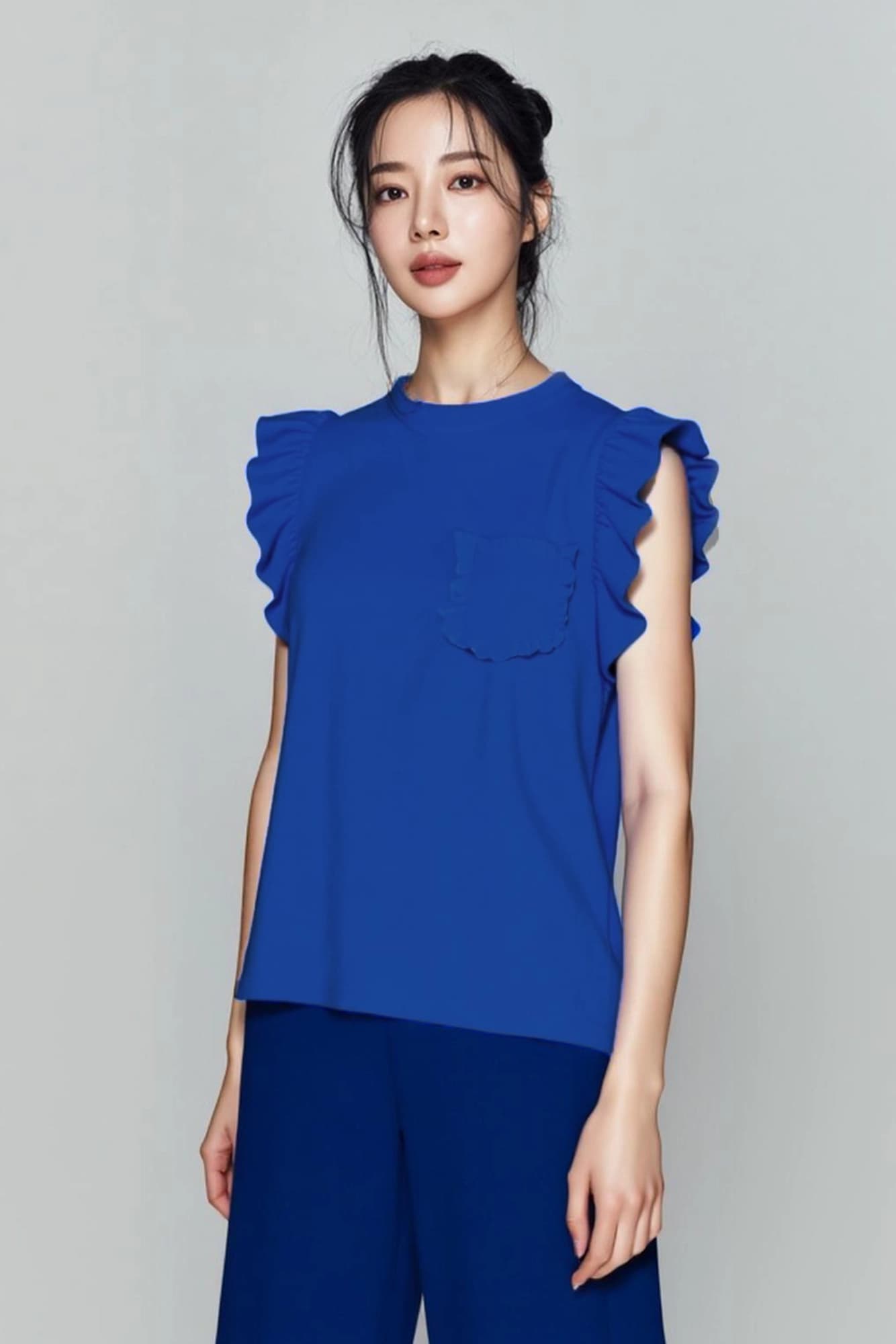 프릴 포켓 슬리브리스 티셔츠