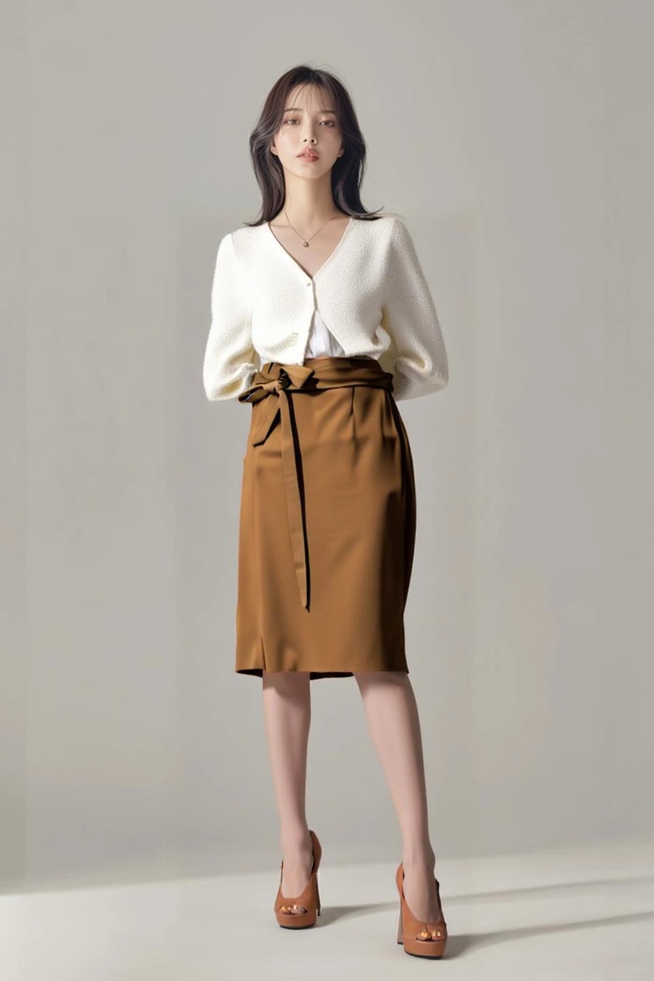 허리 타이 미디 원피스