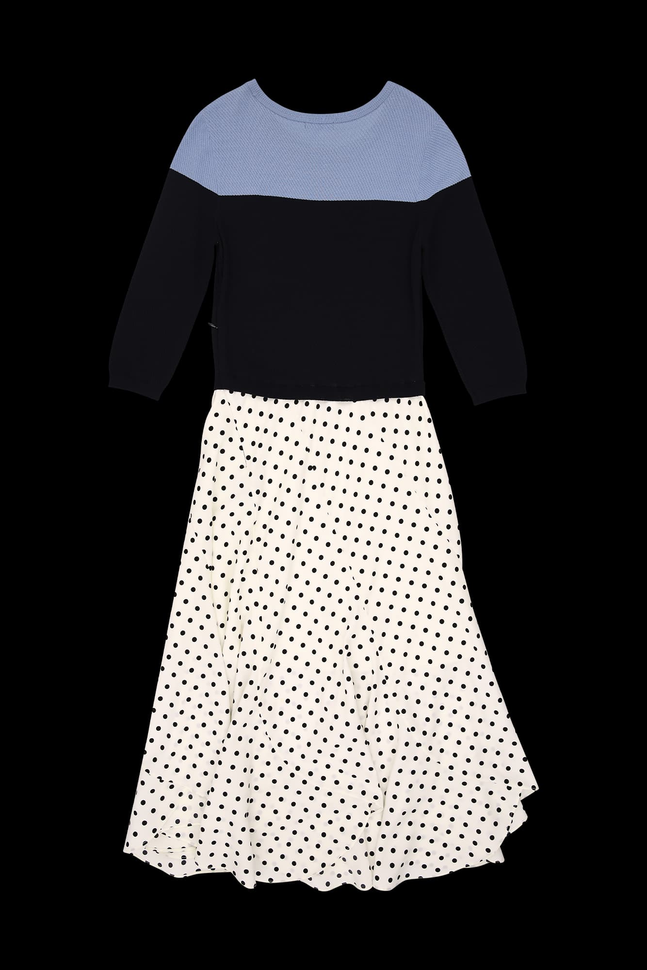 배색 도트 패턴 반팔 롱 원피스