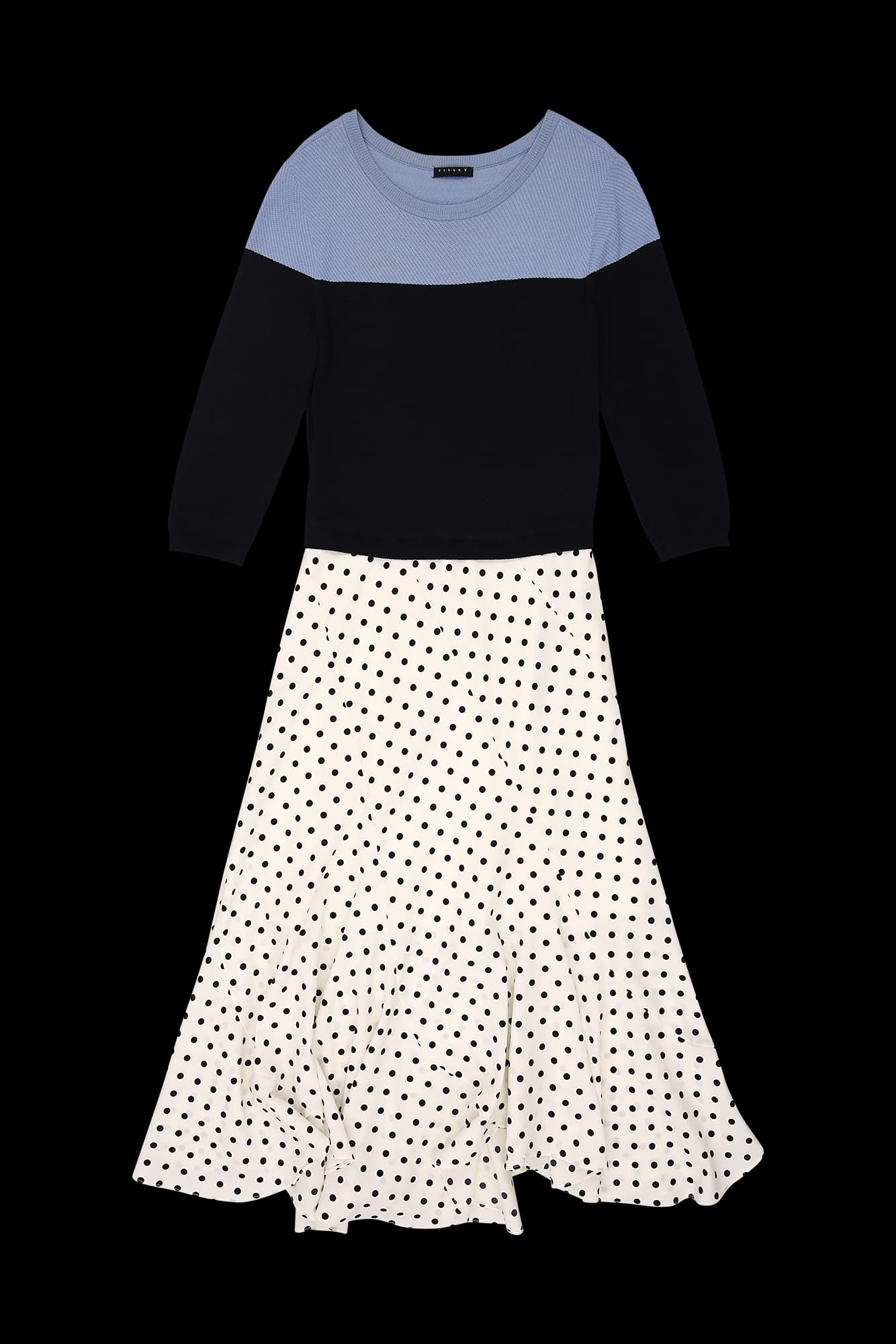 배색 도트 패턴 반팔 롱 원피스