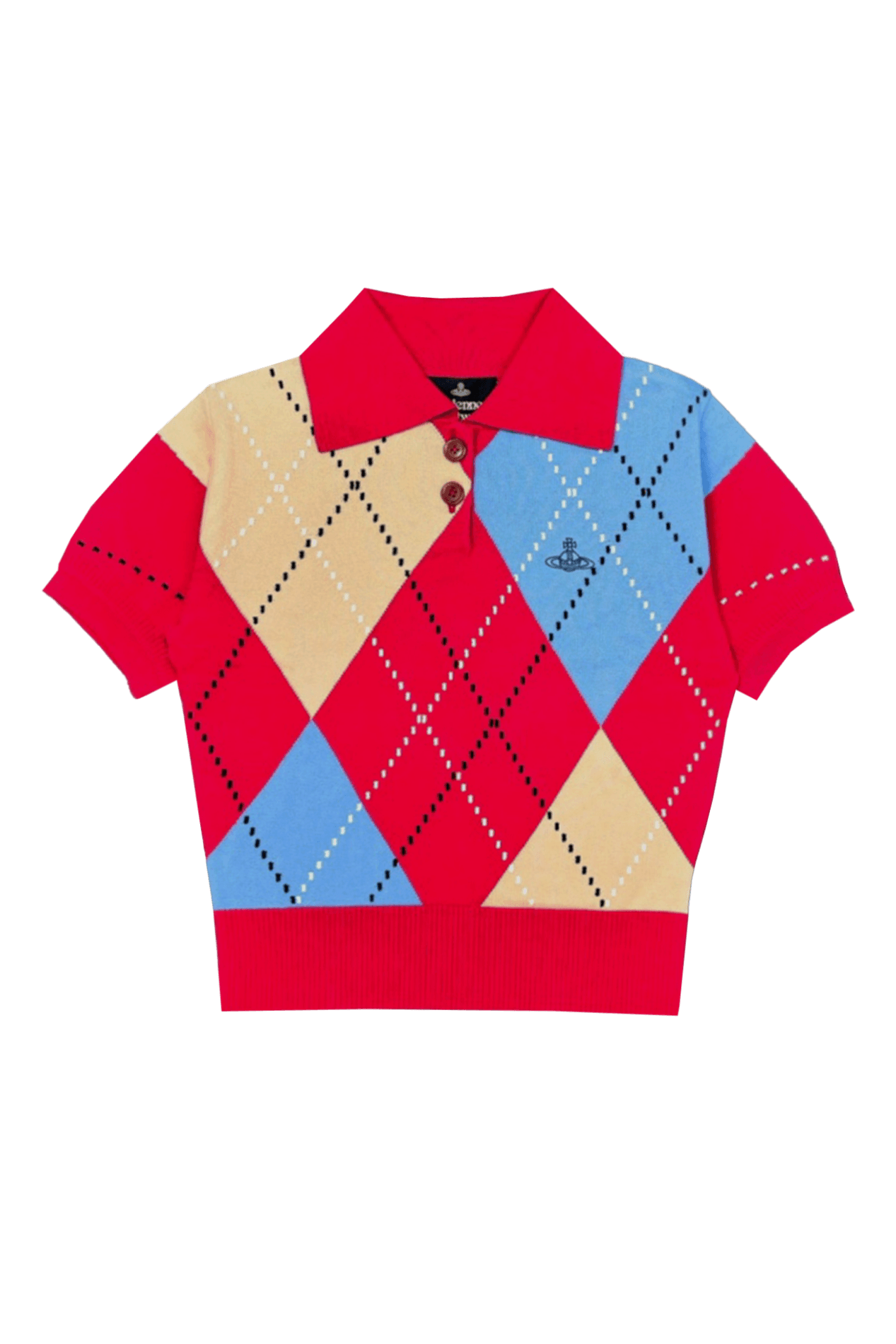 아가일 단추 카라 반팔 니트