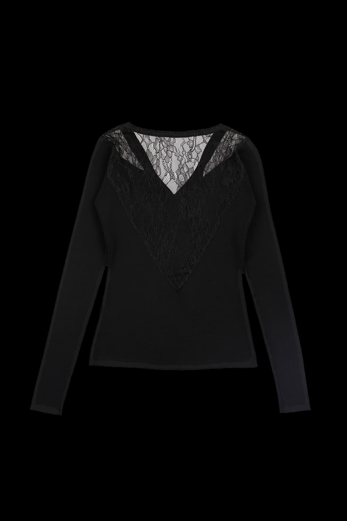 레이스 브이넥 라인 긴팔 티셔츠
