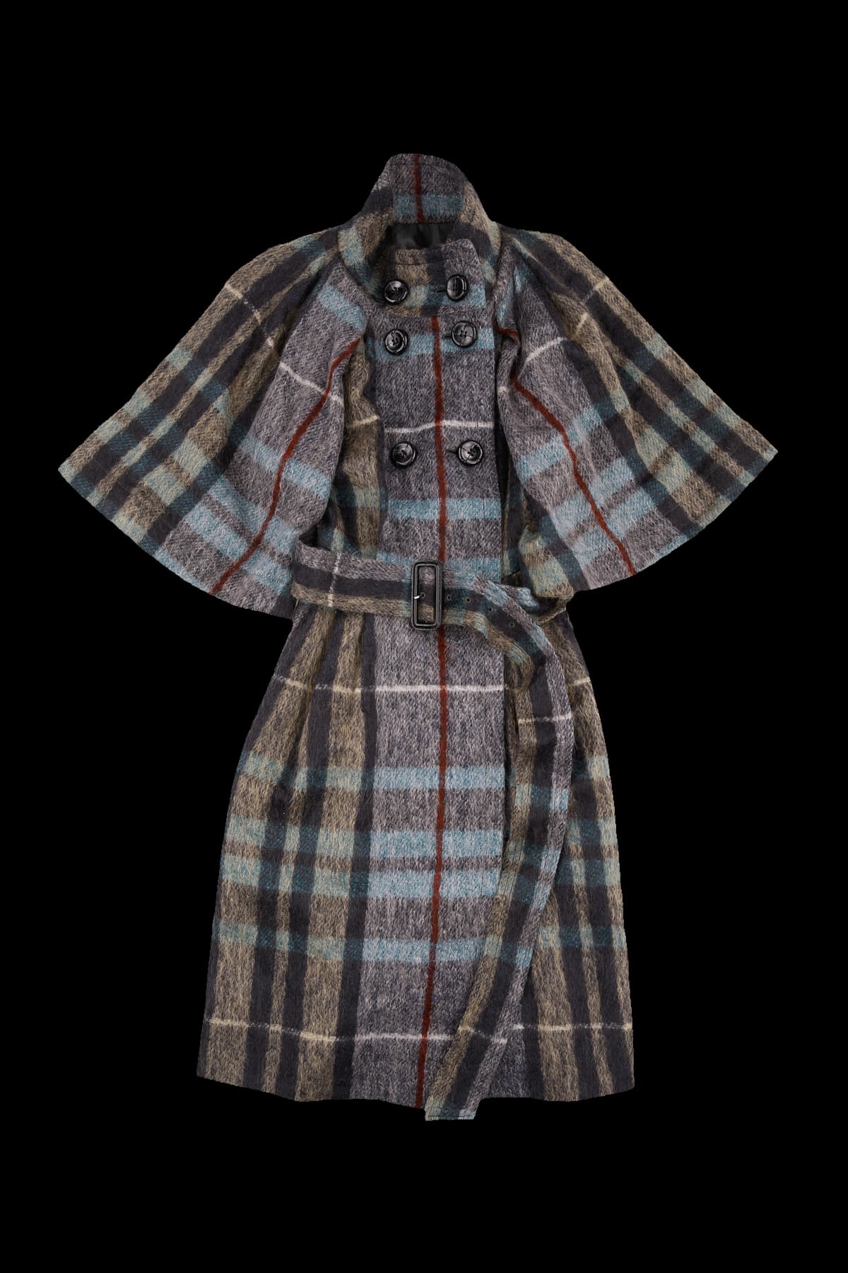 더블 버튼 벨티드 체크 코트