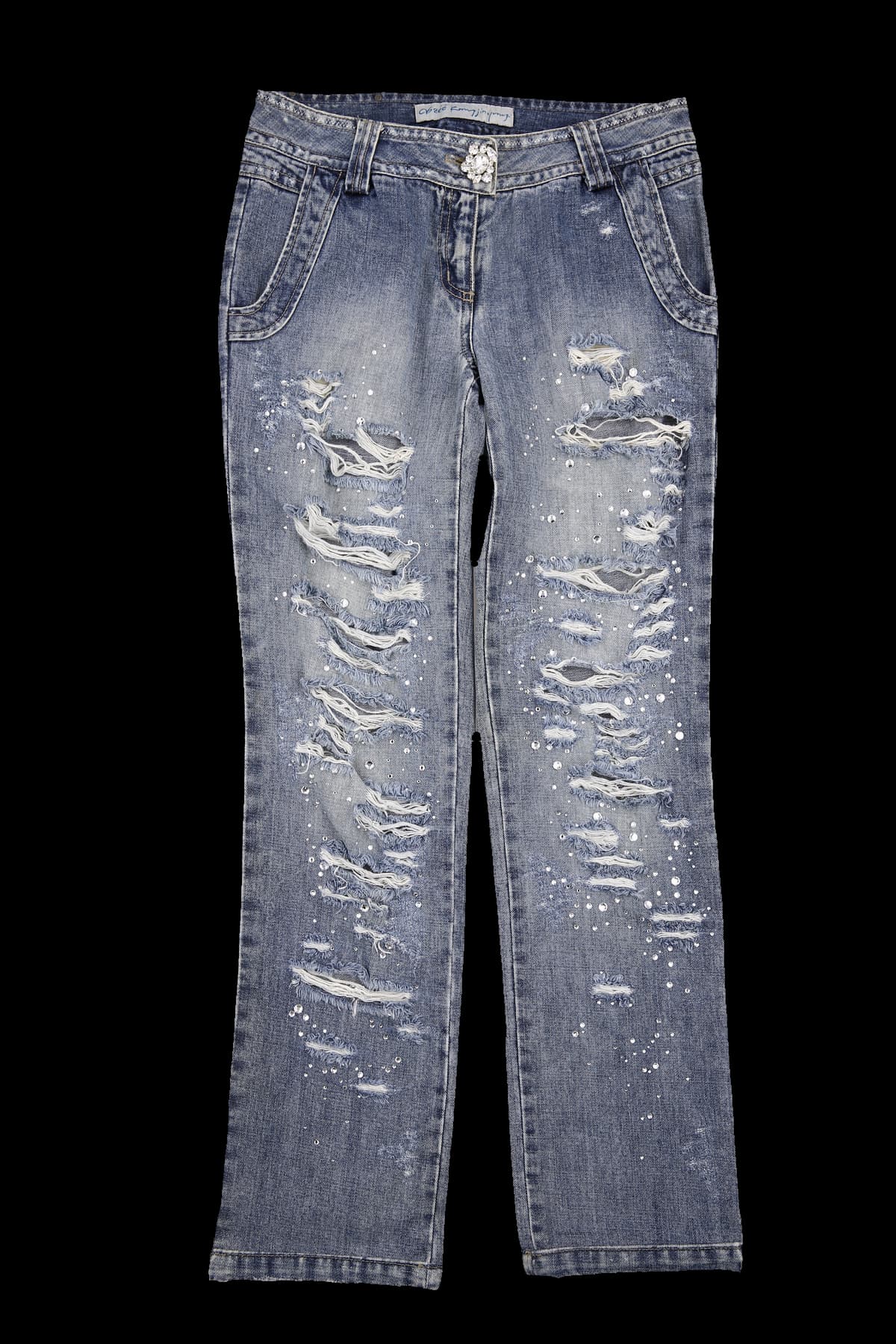 큐빅 장식 디스트로이드 데님 롱팬츠