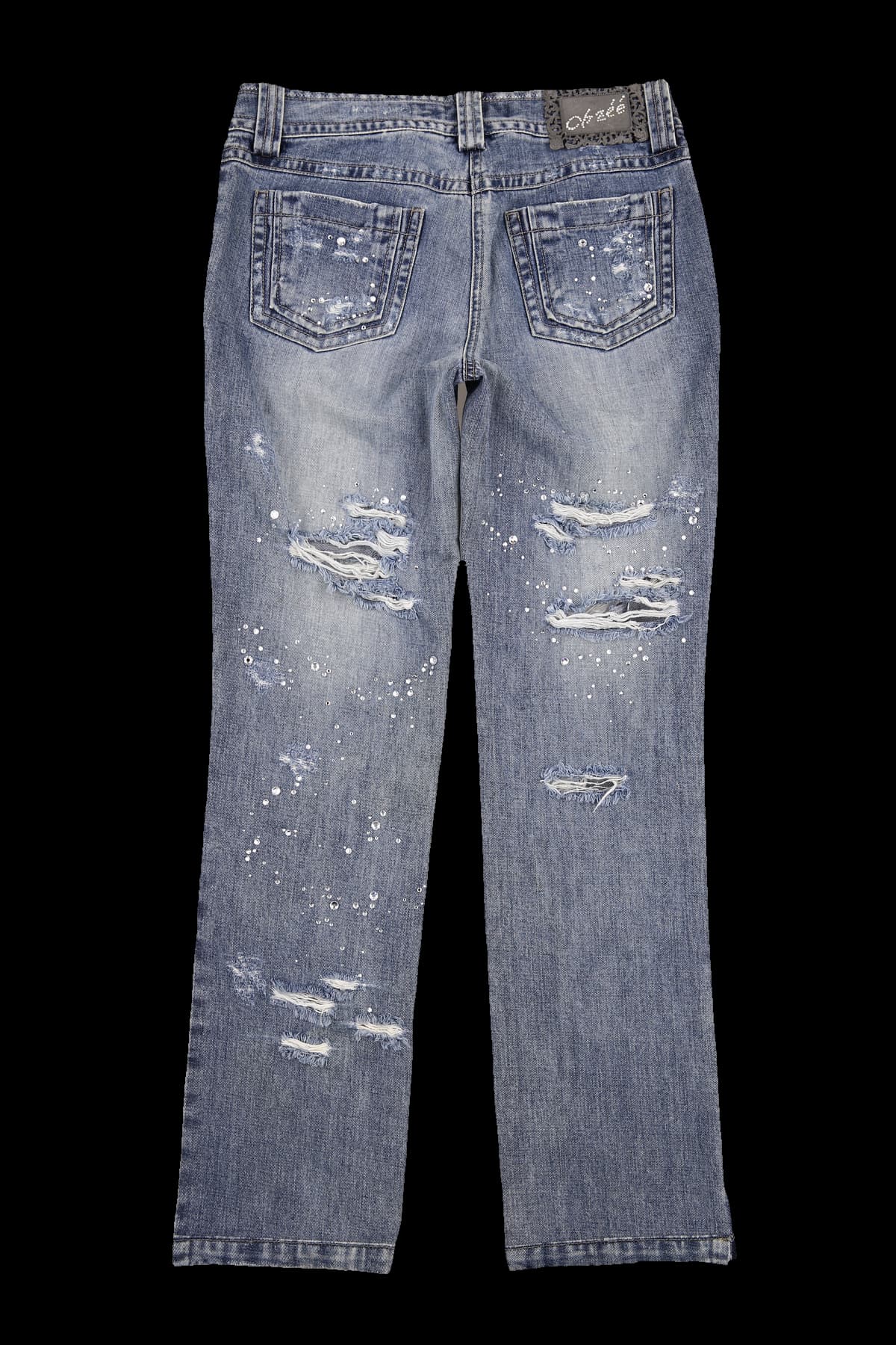 큐빅 장식 디스트로이드 데님 롱팬츠