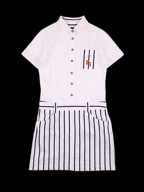 카라 스트라이프 반팔 원피스