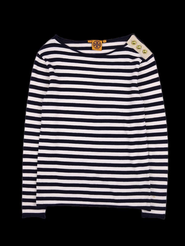 스트라이프 단추 니트