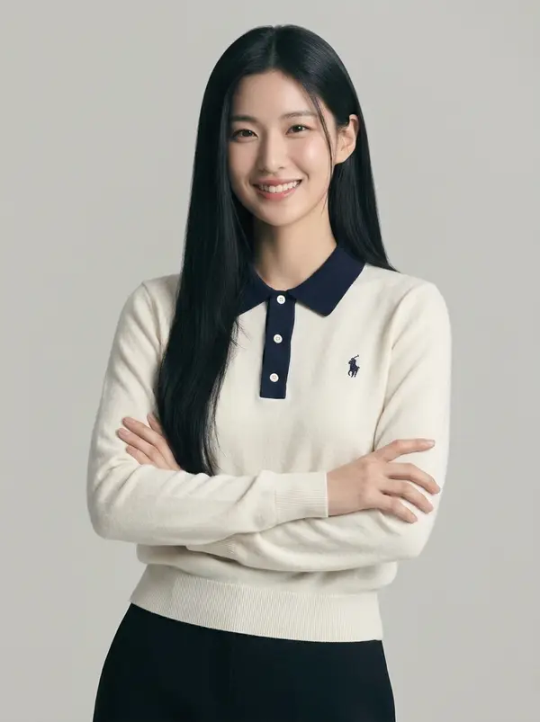 화이트 네이비 배색 긴팔 카라 니트