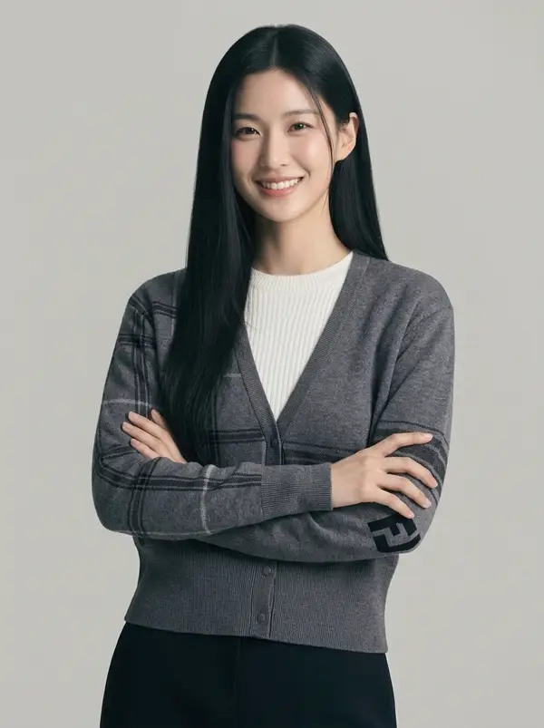 그레이 체크 패턴 브이넥 니트 가디건