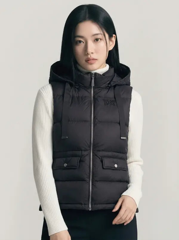 블랙 후드 패딩 베스트