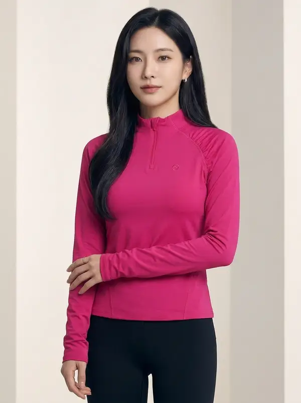 핑크 셔링 디테일 반집업 긴팔 티셔츠