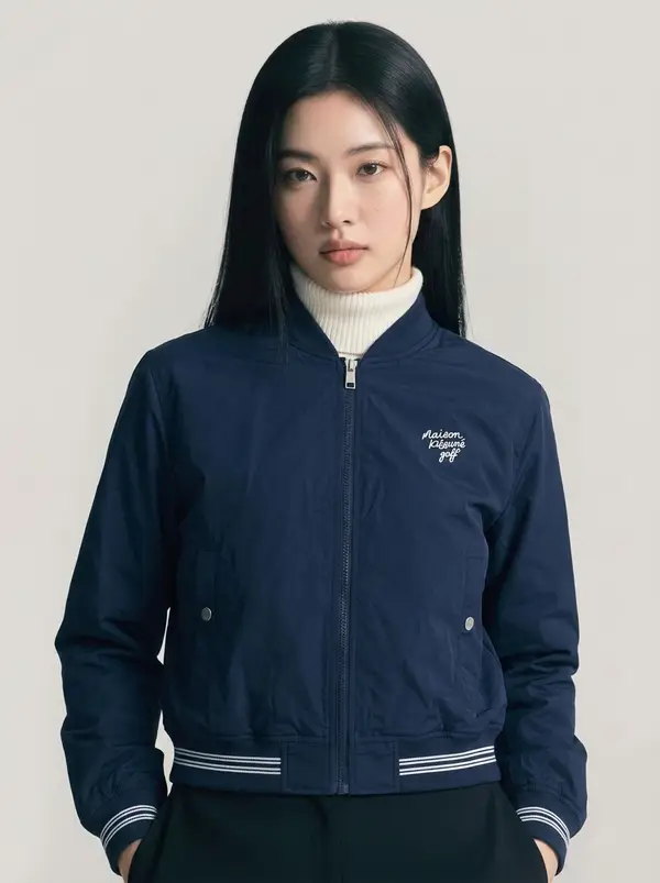네이비 로고 자수 스트라이프 립 점퍼