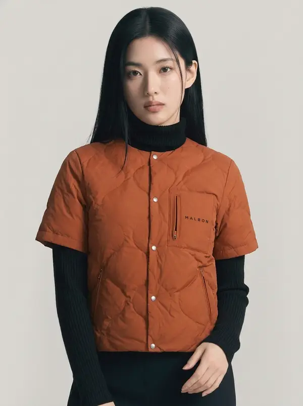 브라운 퀼팅 노칼라 반팔 패딩 베스트