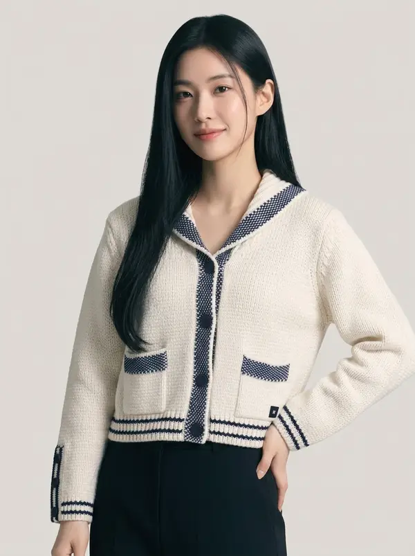 아이보리 세일러 칼라 스트라이프 배색 니트 가디건